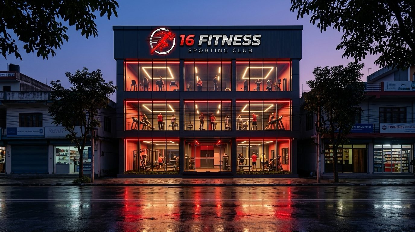 The three-storey 16 Fitness building on Street 16 at dusk, each floor lit in red neon behind full-height glass