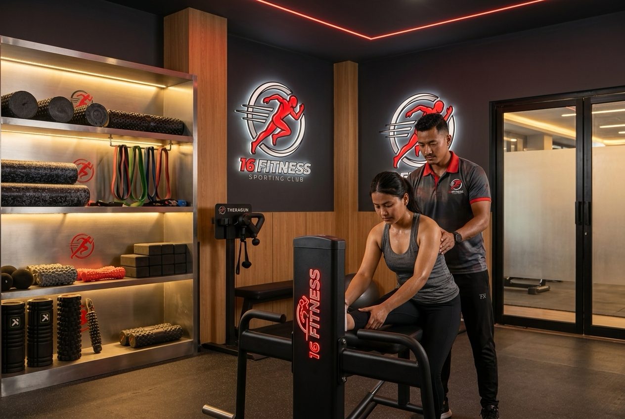 Recovery & Coaching floor with a stretch and foam-roller area, a coach at a cable station, and a sauna